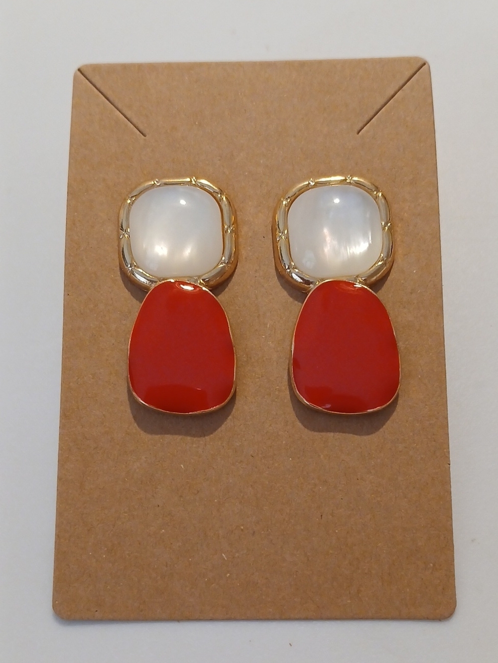 Fashion Jewelry Gold-Tone White & Red Drop Earrings
